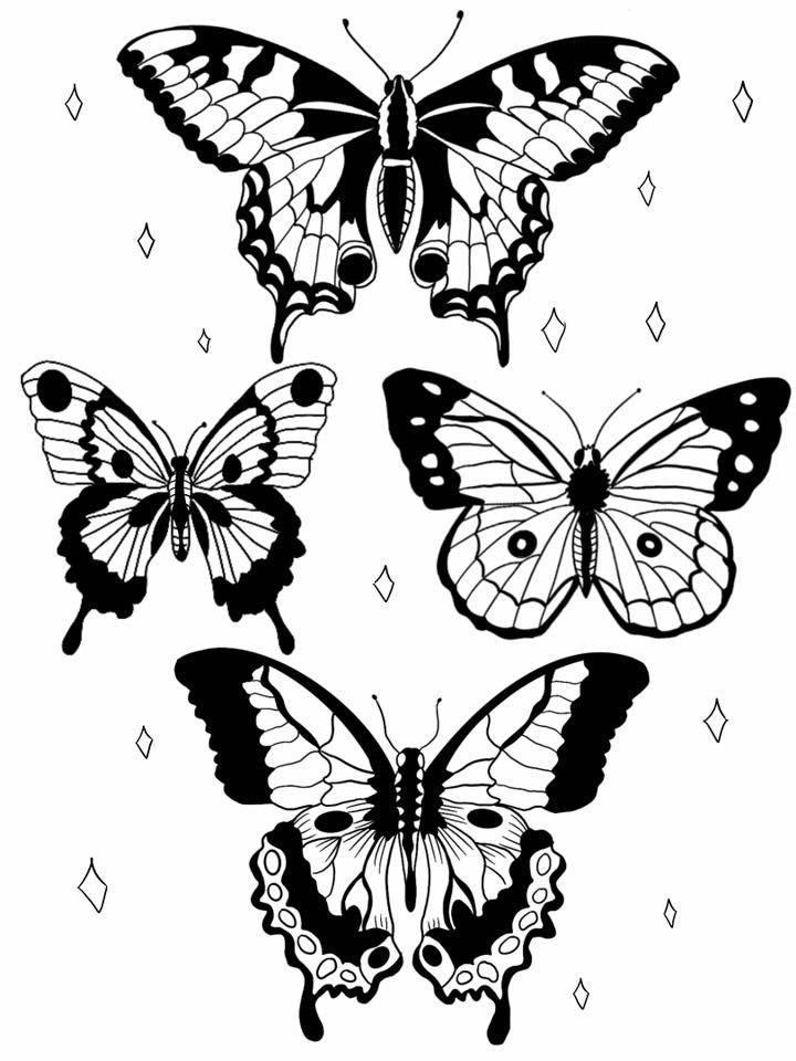 four butterflies with different shapes and sizes on them, all in black and white colors