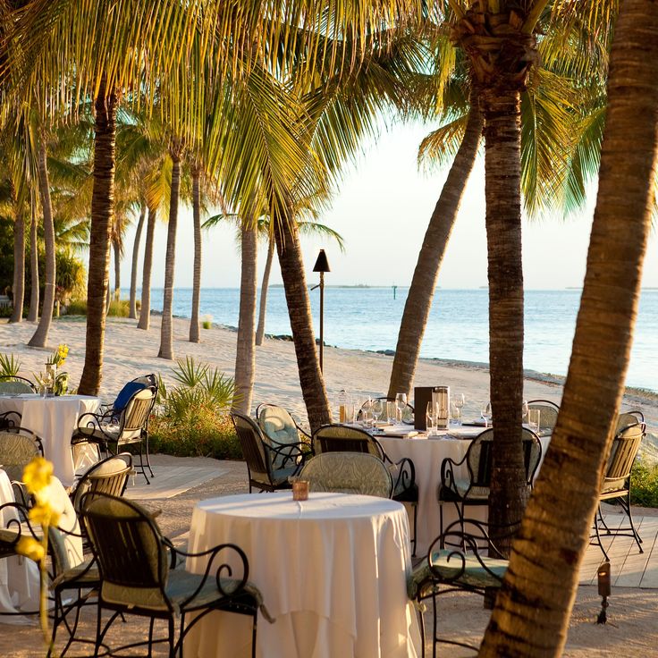 tables and chairs are set up on the beach with palm trees in front of them