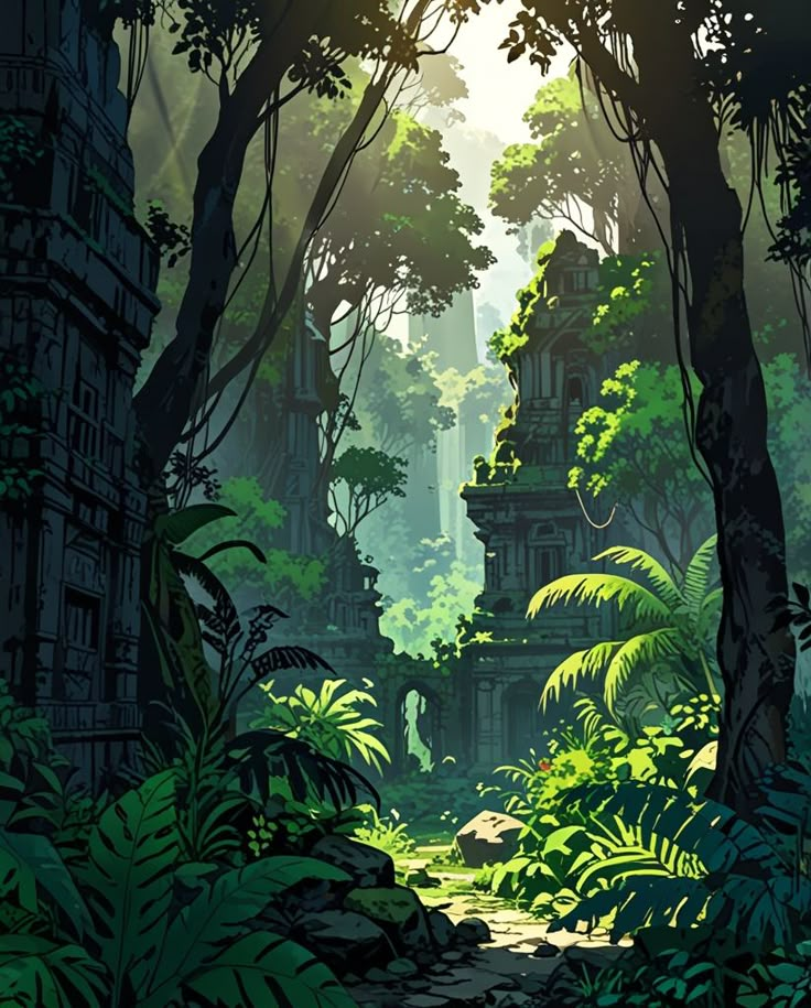 an image of a jungle scene with trees and plants