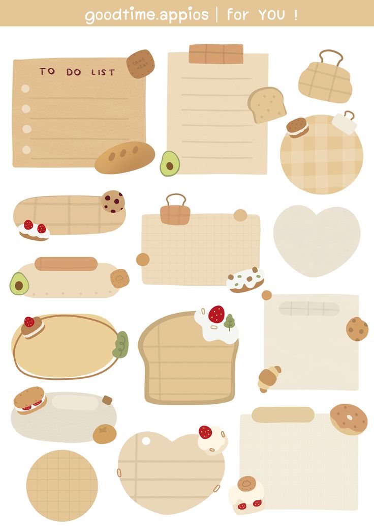 an assortment of paper cut outs with food items on them