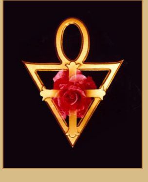 an egyptian symbol with a rose in the center on a black background, as if it were made out of gold