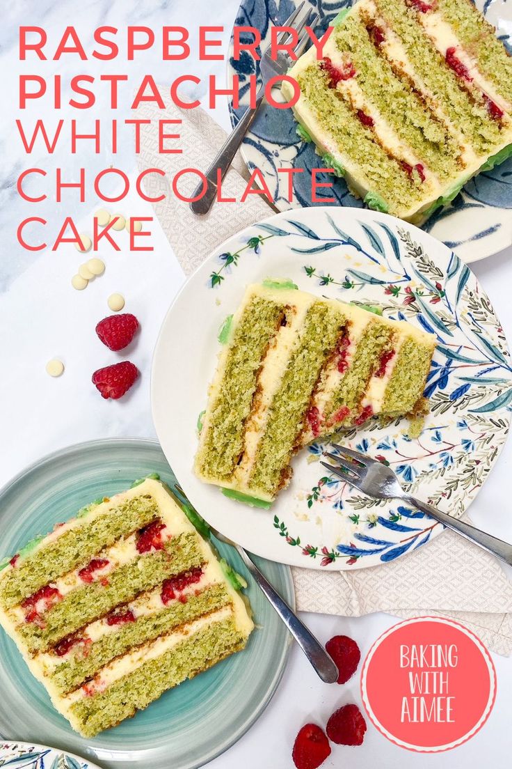 raspberry pistachio white chocolate cake on a plate with the rest of the cake in the background