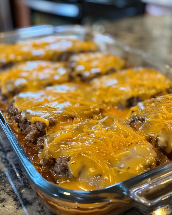 a casserole dish with cheese and ground beef