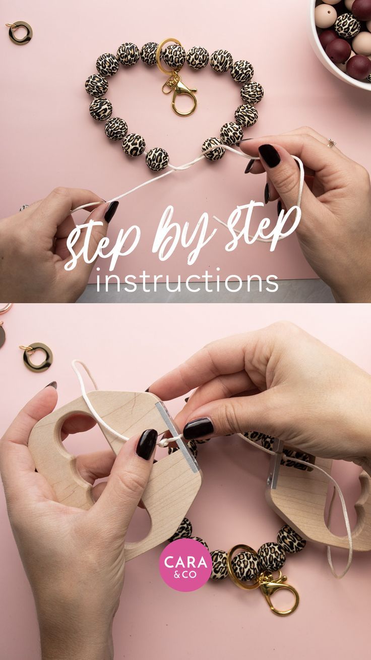 two pictures showing how to make an ornament necklace with beads and wood pieces