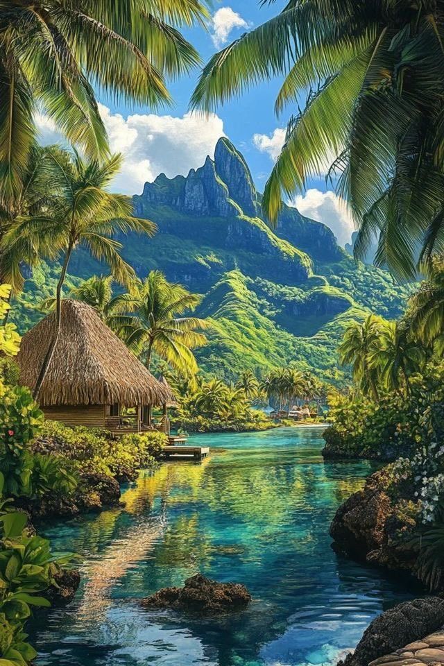 a painting of a tropical river with mountains in the background