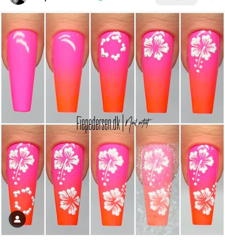 Nails Watermelon Design, Nail Drawing Tutorial, How To Draw Flower On Nail, Flower Drawing Nails, Step By Step Flower Nail Art, Nail Art Doodle, Flower Nail Art Tutorial Step By Step, Summer Flowers Nails, Flower Nails Step By Step