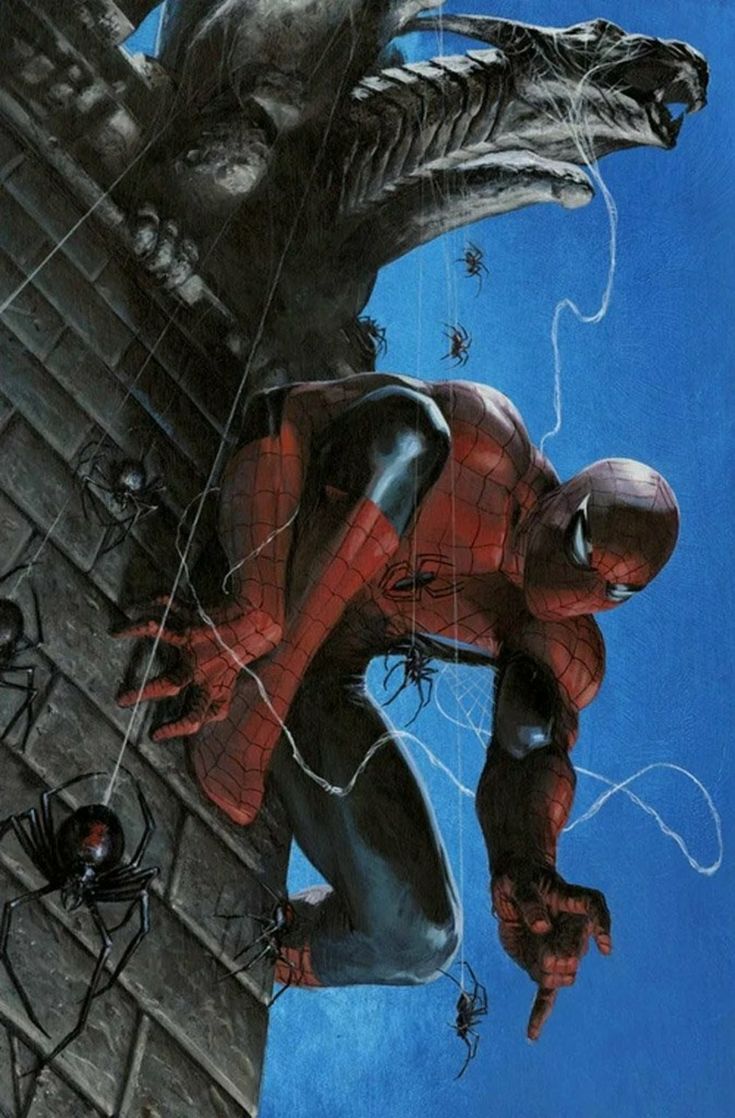 a painting of spider - man climbing up the side of a building with a dragon on it