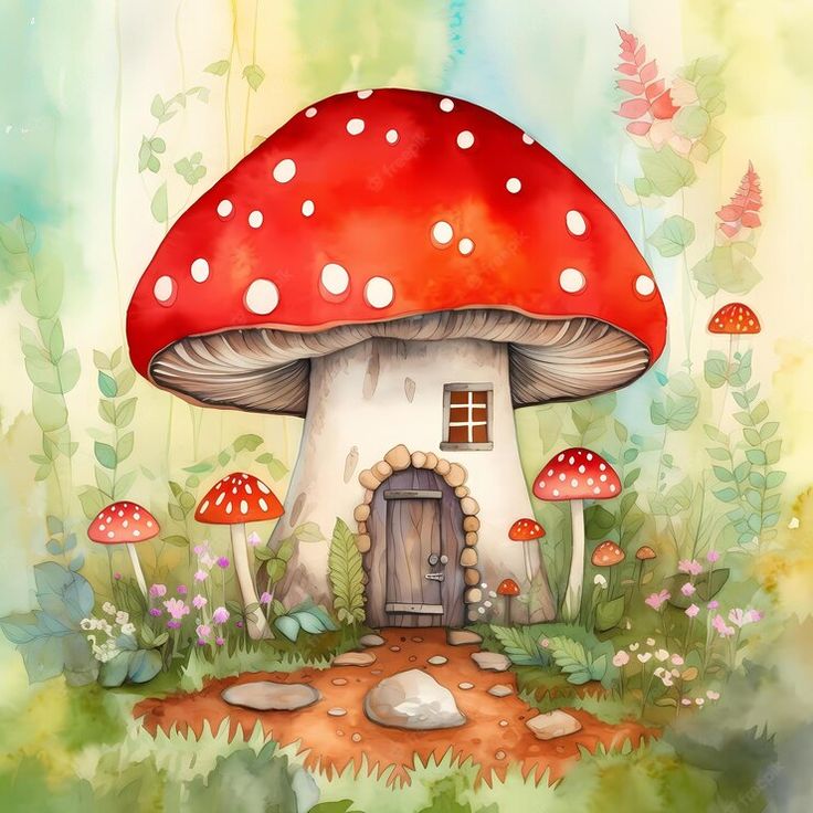 a painting of a mushroom house in the woods