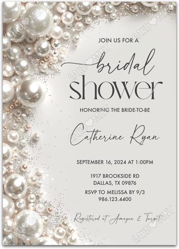 the bridal shower is shown in white with pearls on it and silver glitters