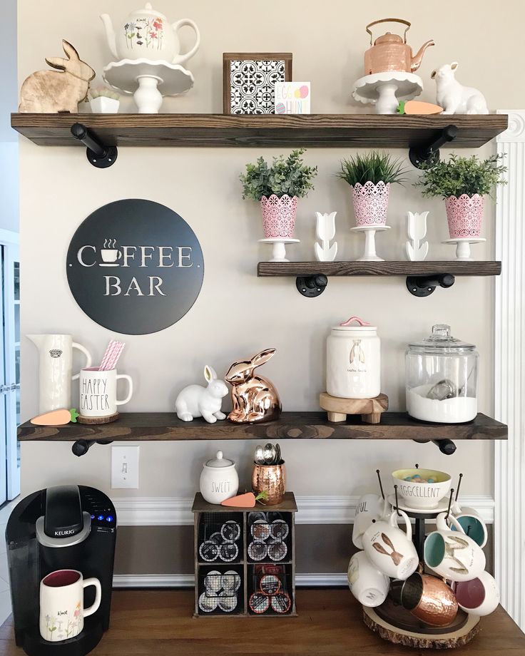 shelves with coffee cups and mugs on them