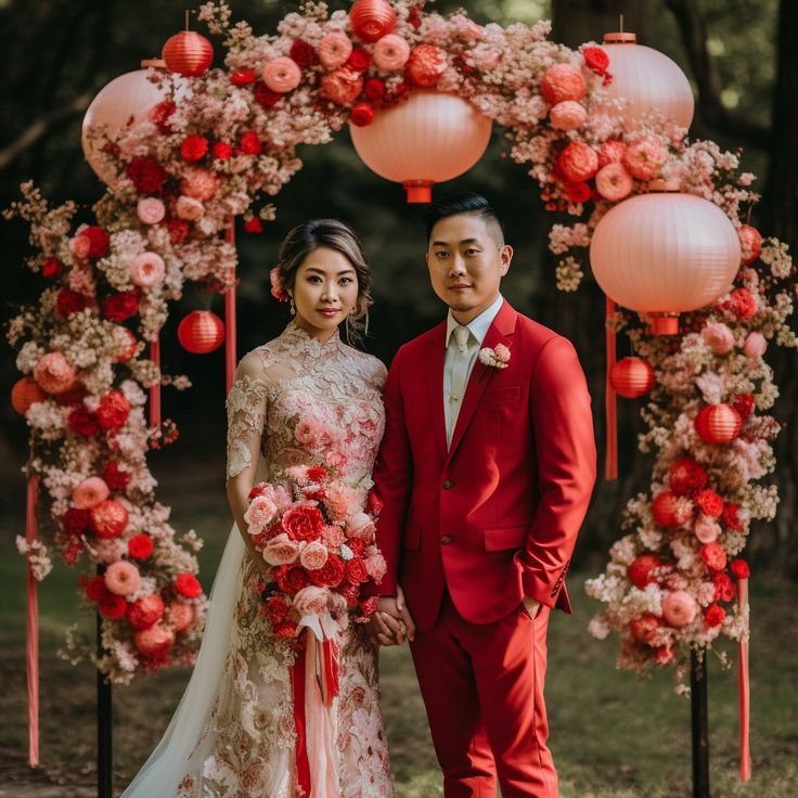 a man and woman standing in front of an archway with red lanterns on the side