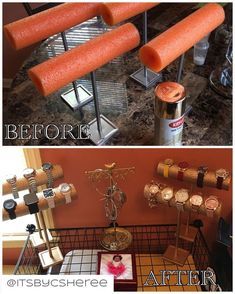 before and after photos of a kitchen counter with orange colored items on the top shelf