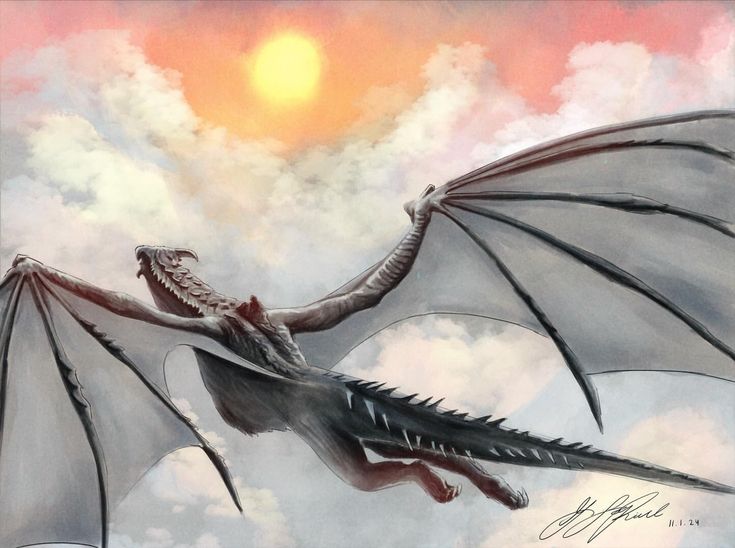 a painting of a dragon flying in the sky