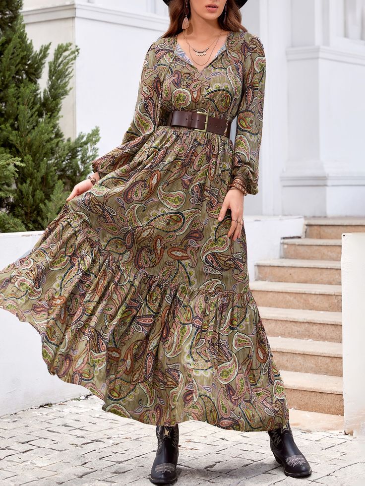 Flowy Maxi Dress, Ethnic Dress, Vestidos Vintage, Vintage Maxi Dress, Ruffle Hem Dress, Long Sleeve Maxi, Neck Ruffle, Types Of Dresses, Tie Neck