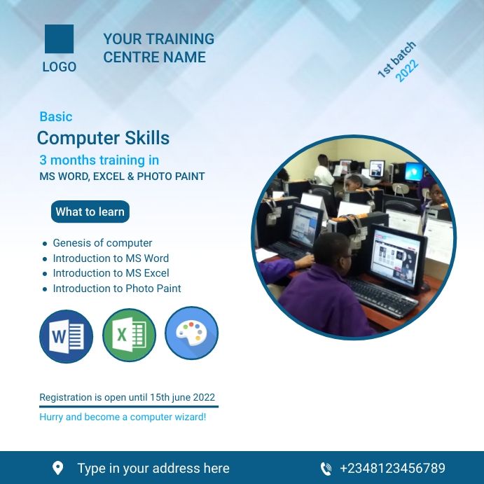 an advertisement for computer skills and training