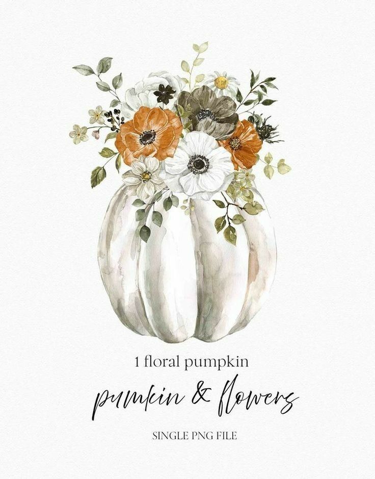 an orange and white pumpkin with flowers in it on top of a card that says, i