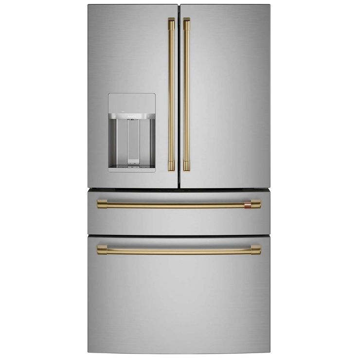 a stainless steel refrigerator with gold handles and two glass doors, in front of a white background