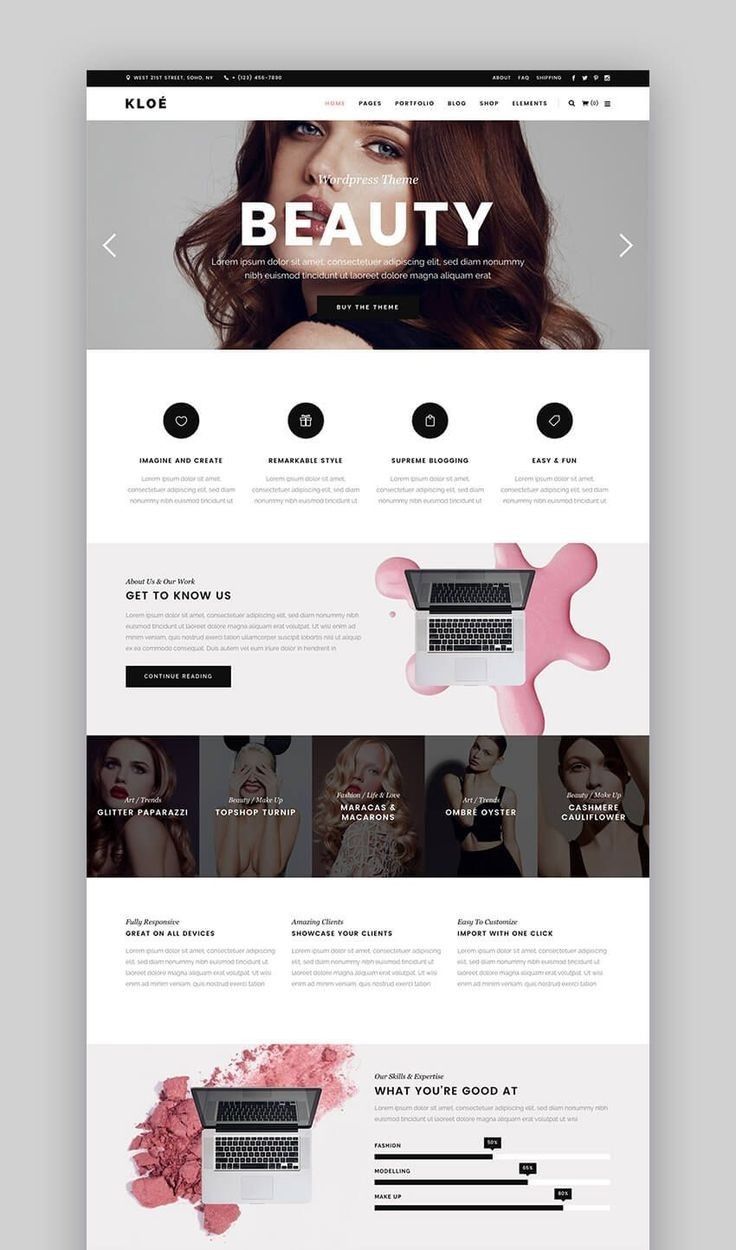 the website design for beauty salons is shown in white, black and pink colors