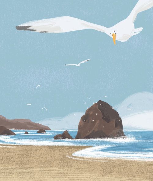 a bird flying over the ocean next to a rocky shore with seagulls in the sky