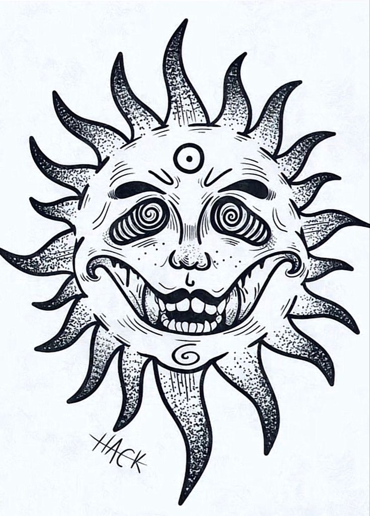 an ink drawing of a sun face