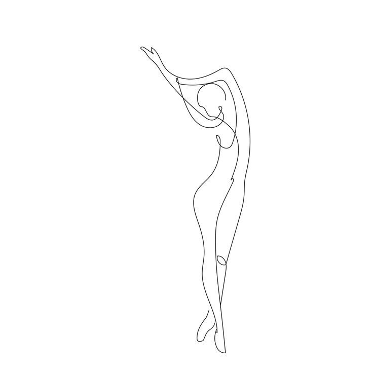 a single line drawing of a woman reaching up to catch a frisbee in the air