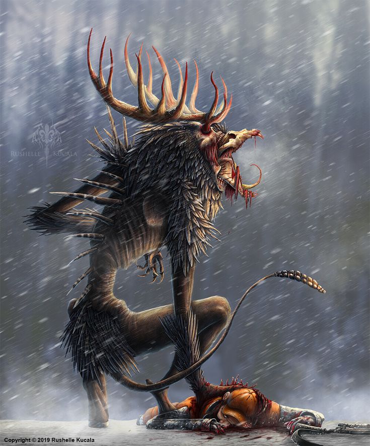 an illustration of a creature attacking another creature in the snow with horns on its head