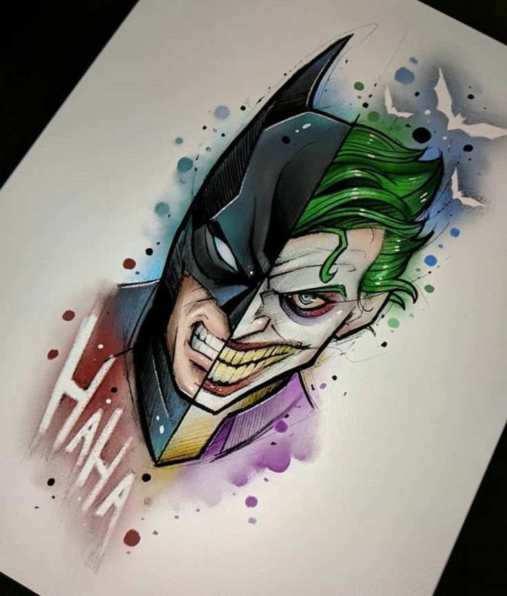 a drawing of the joker with green hair and his face painted in watercolors