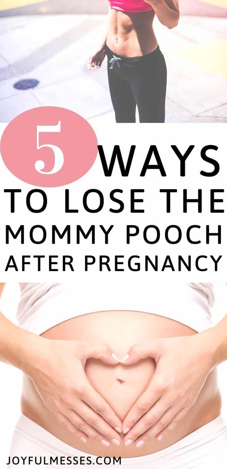 pregnant woman with her stomach in the shape of a heart and text that reads 5 ways to lose the mommy pooch after pregnancy