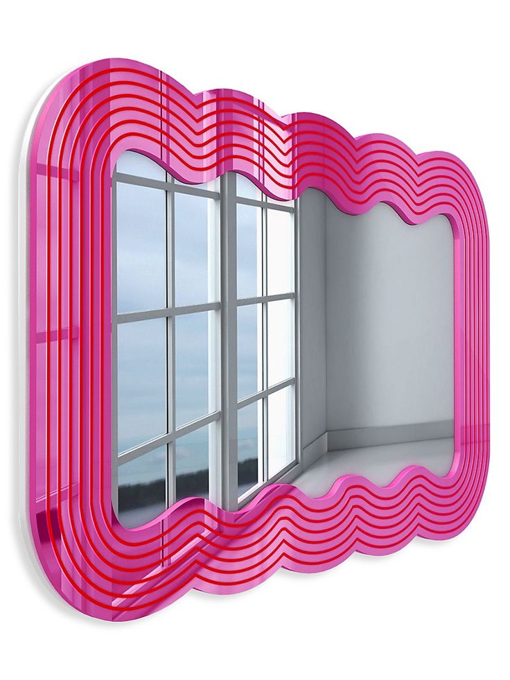 a mirror that is next to a window with pink wavy lines on the outside and inside