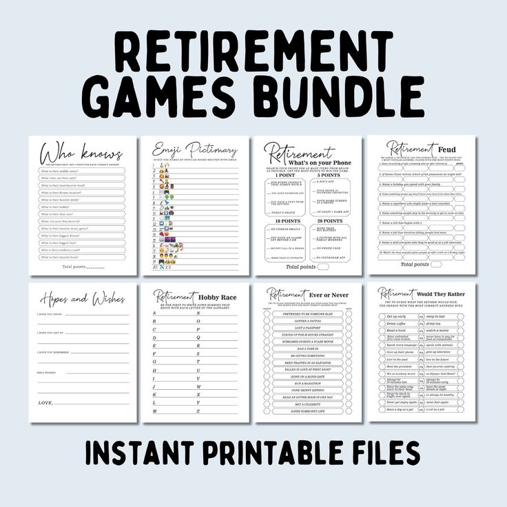 the printable retirement games bundle is shown with text that reads instant printable files