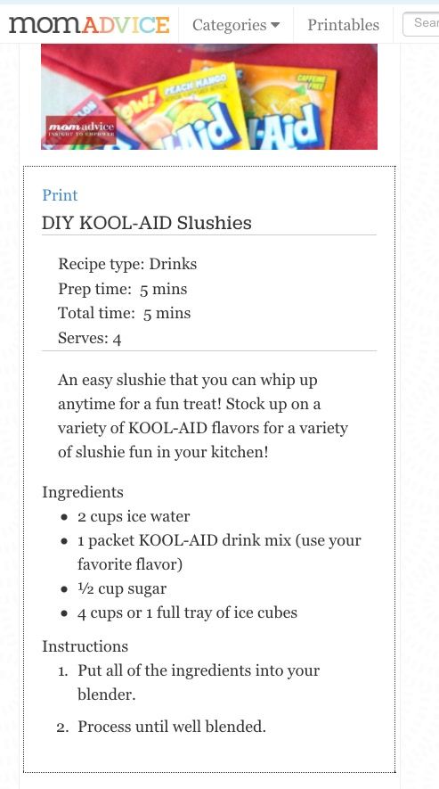 the recipe for kool aid sushies is shown in this screenshot from momadvice com