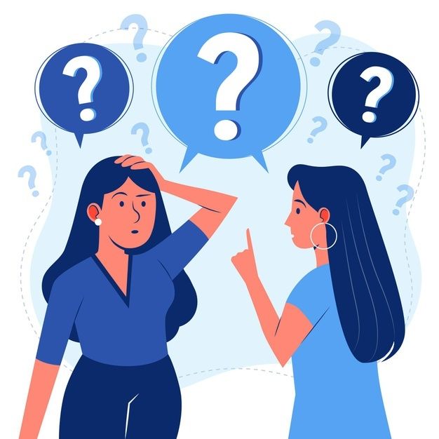 two women are talking to each other with question marks above their heads in the background