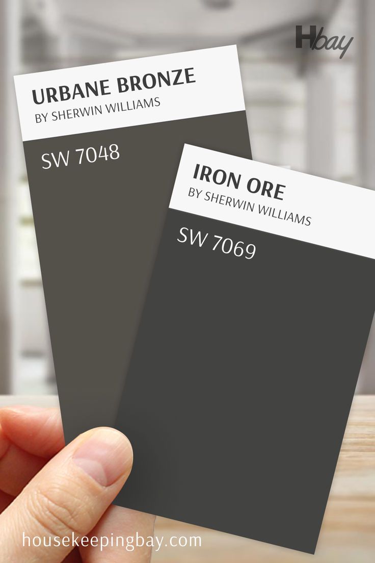 The image shows two paint swatches side by side. On the left is "Urbane Bronze" SW 7048, a rich dark bronze with warm undertones, and on the right is "Iron Ore" SW 7069, a deep, almost black charcoal gray. Both swatches are being held by a hand, and the background is blurred, showing an indoor setting with neutral tones. The two colors are bold, dark, and neutral, perfect for accent walls or cabinetry. Trim Color Ideas, Bronze Living Room, Bronze Color Palette, Bronze Color Scheme, Iron Ore Sherwin Williams, Coordinating Paint Colors, Urbane Bronze, Design Color Trends, Paint Charts