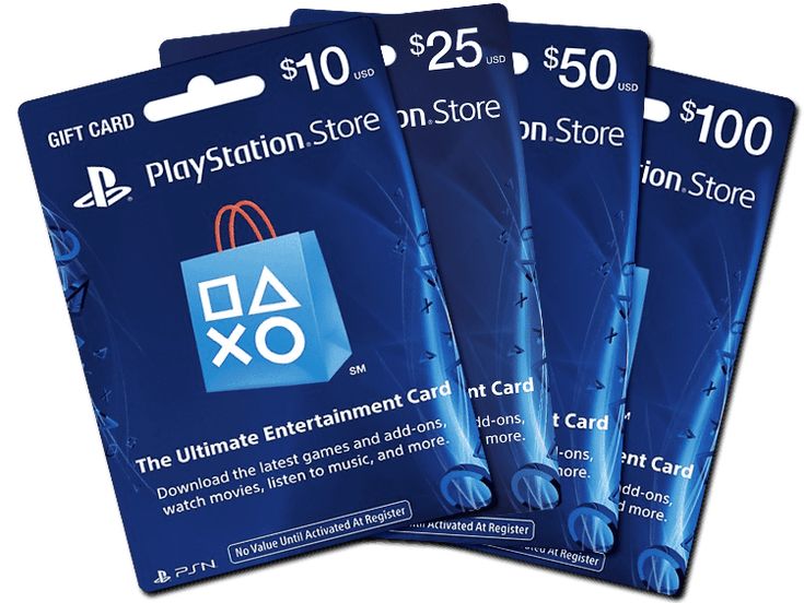 three $ 10 playstation store gift cards with the same logo on each card and one for $ 20