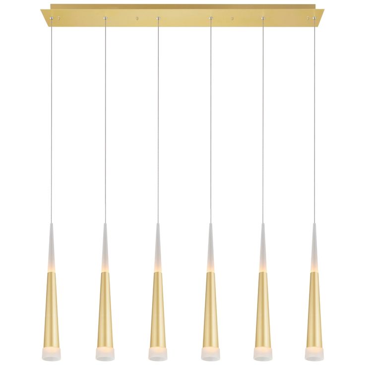 five lights hanging from a ceiling fixture with gold metal and white glass shades on the bottom