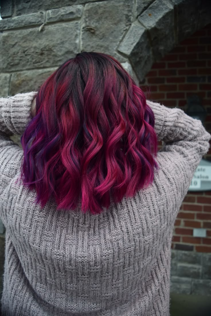 Burgundy To Purple Ombre Hair, Balayage Hair Bright Colors, Bold Color Hair Ideas, Red Hair With Purple Streaks, Brown To Magenta Ombre Hair, Vibrant Color Hair, Magenta And Brown Hair, Magenta Hair Ombre, Black And Magenta Hair