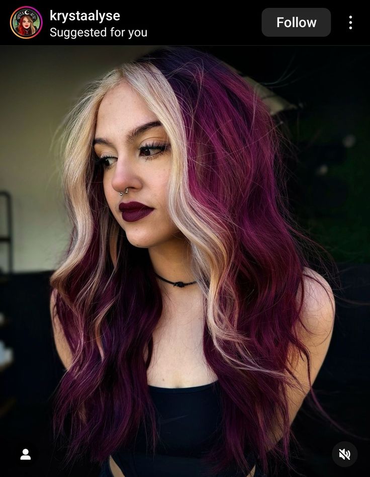 Wine Red And Purple Hair, Magenta Split Dye, Hair Color Blocking Ideas, Split Dyed Hair Ideas, Two Tone Purple Hair, Alternative Hair Dye, Physical Aesthetic, Raspberry Hair Color, Purple Blonde Hair