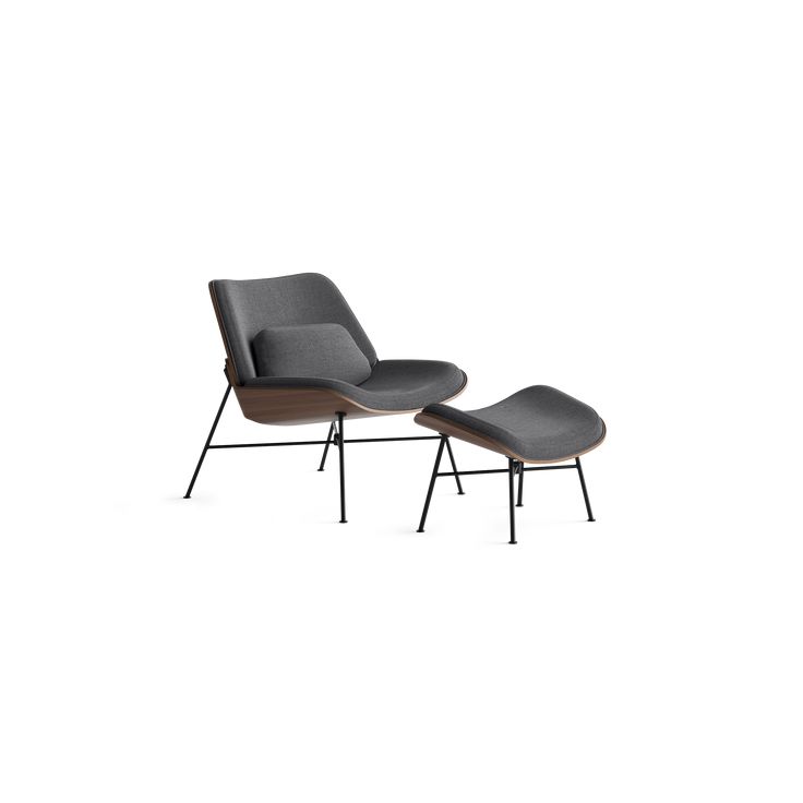 two grey chairs with black legs and an ottoman