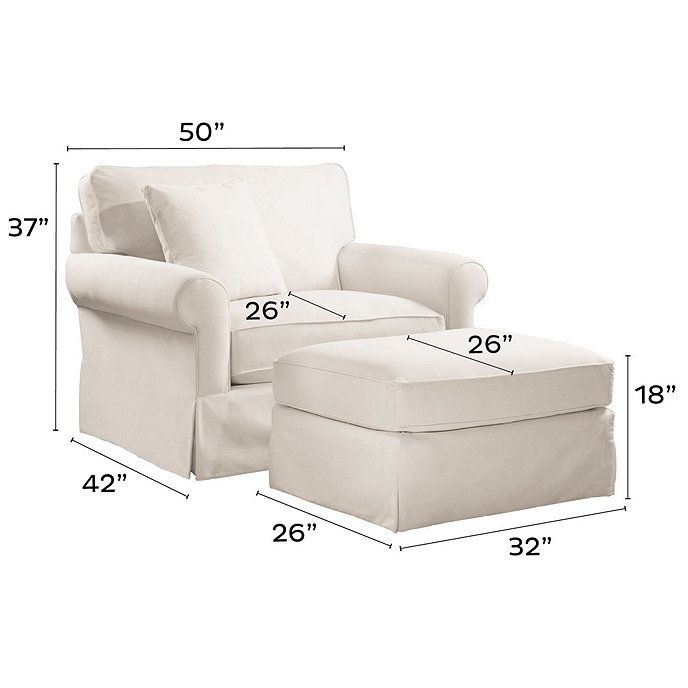 a white chair and ottoman with measurements