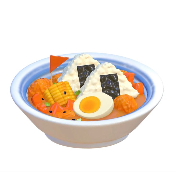 an image of a bowl of food with eggs and corn on the cob in it