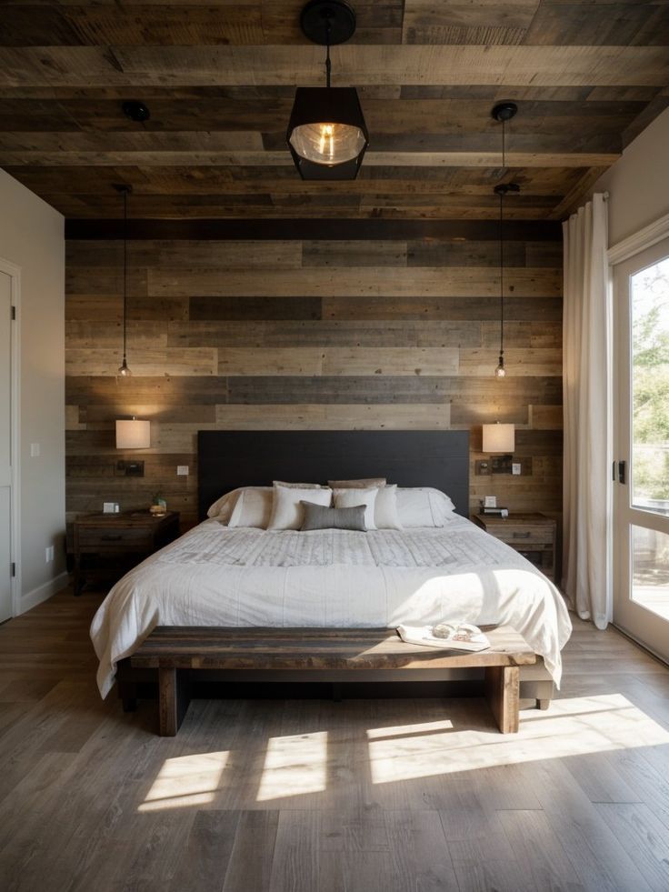 a large bed sitting in the middle of a bedroom next to a wooden wall and floor