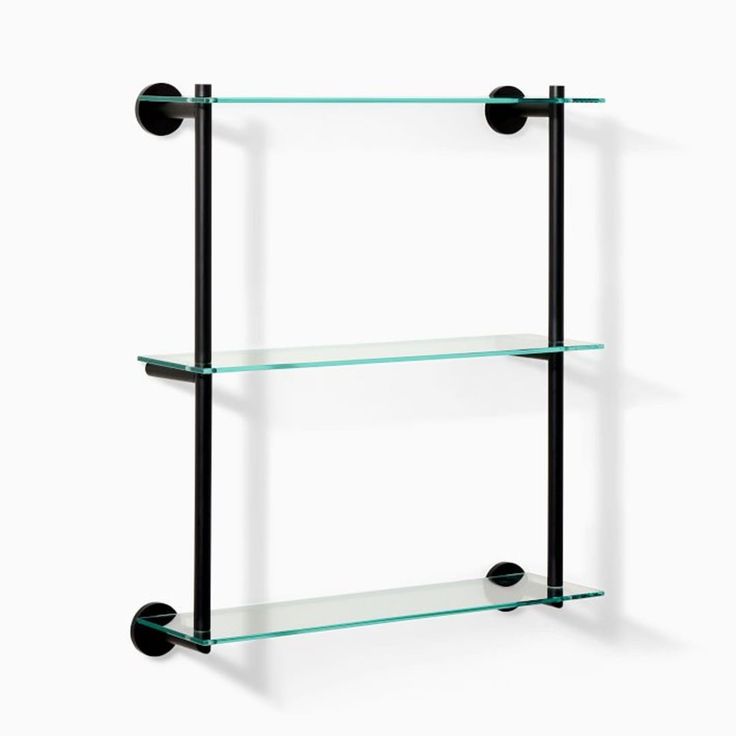 three glass shelves with black metal handles