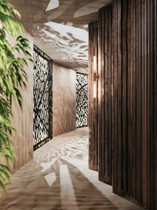 an artisticly designed room with wooden slats on the walls and bamboo trees in the background