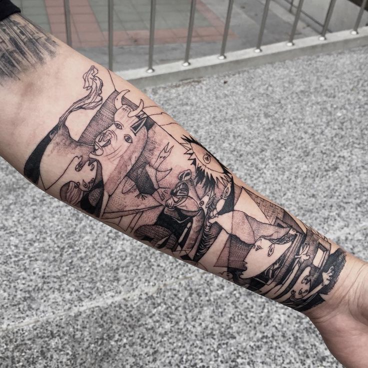 a man's arm with an artistic tattoo design on the left side of his arm