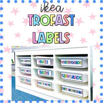 a white shelf with lots of labels on it