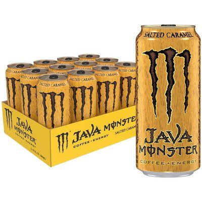 a can of monster energy drink next to a box of 12 packs of vanilla flavored drinks