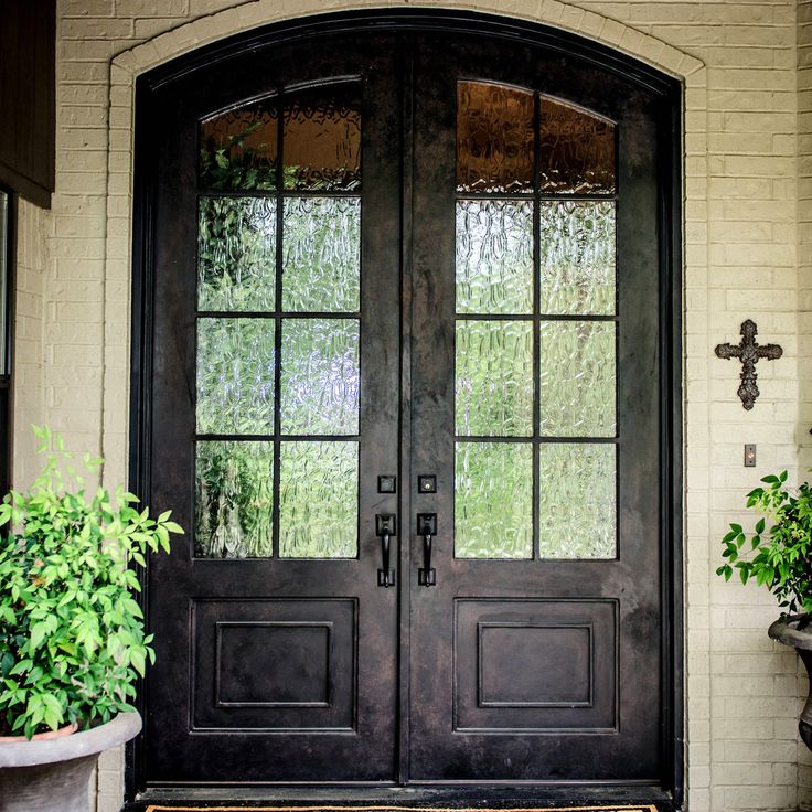 a black double door with two potted plants on either side and one planter in front