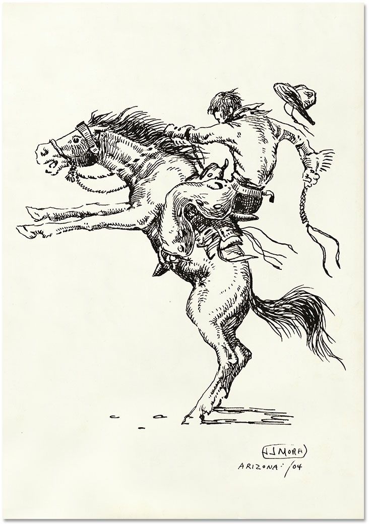 a black and white drawing of a cowboy riding a horse with another man on it