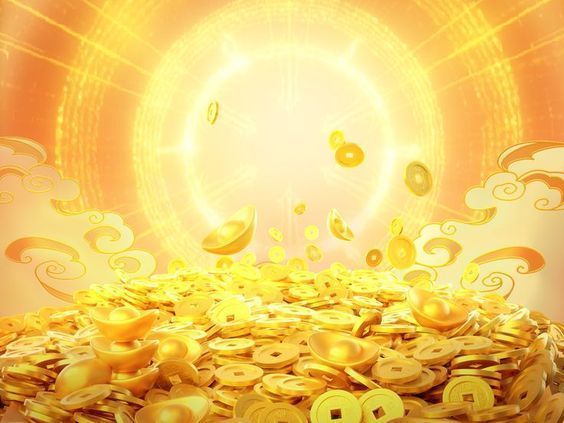 a pile of gold coins with the sun shining in the background and clouds around it