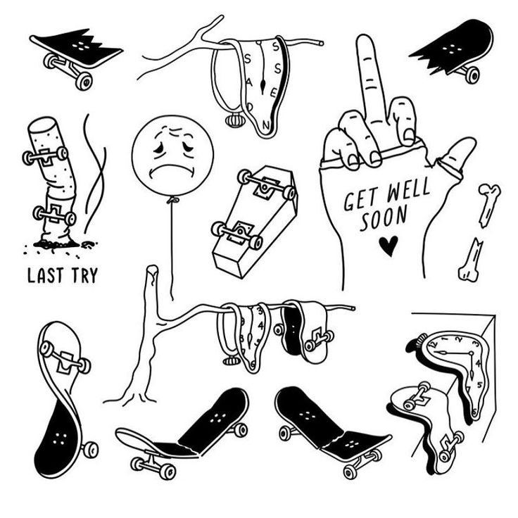 various skateboard drawings with the words get well soon written on them, including one person holding